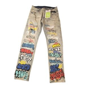 DANDJIESHEN Jeans Mens 30x31 Multicolor Graffiti Hip Hop Slim Straight Denim
